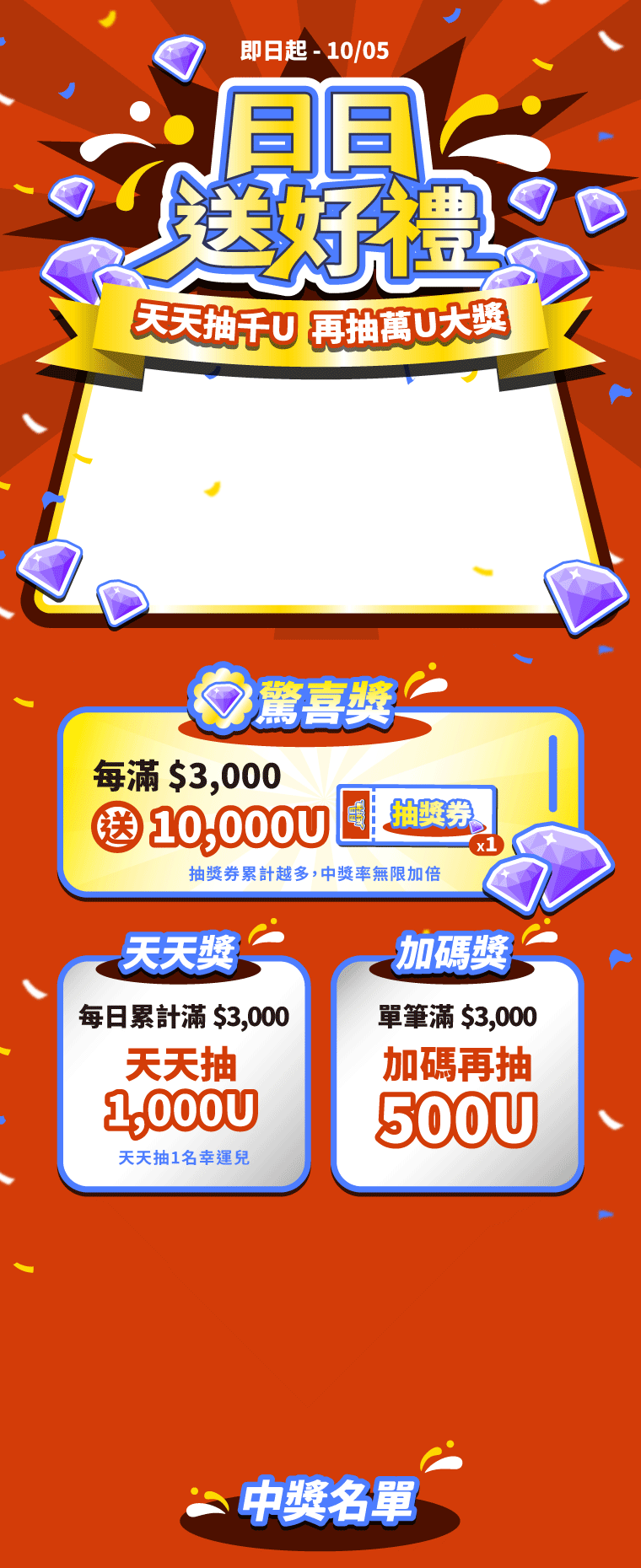 【星光直播】日日送好禮，獎勵三重送，儲值達標再獲得摸彩卷，總獎金2萬U等你拿！