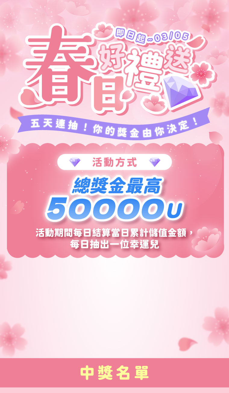 春日好禮送只有5天，你儲多少我送多少，不限儲值門檻每日皆會抽出一名幸運兒，儲越多送越多，獎金上限10000U