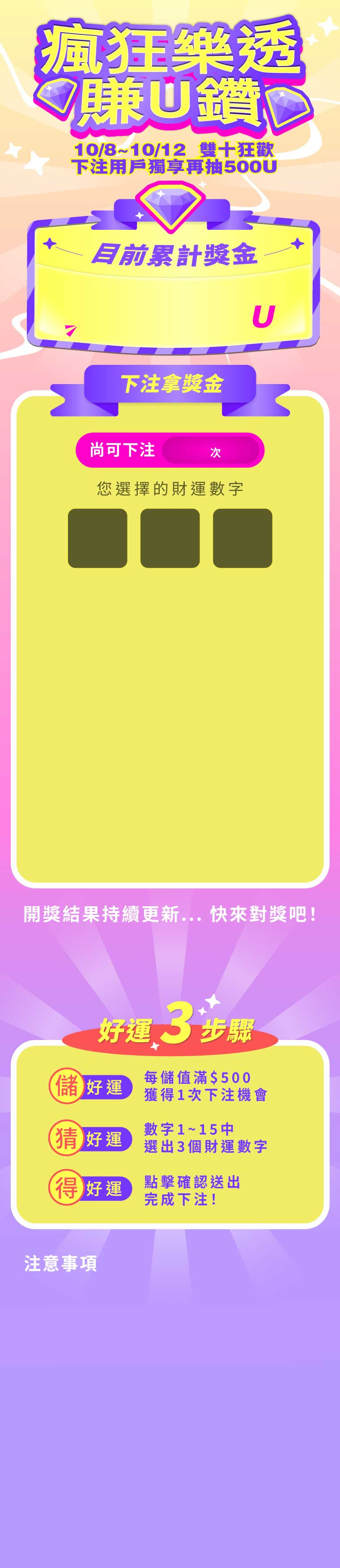 瘋狂樂透賺U鑽為星光直播的樂透活動,活動期間儲值滿500元,即可獲得參與下注,下注方式為1~15中選擇3個數字,並點擊「確認送出」按鈕,即可完成下注,獎金每日增加1000U,活動期間最高可獲得24000U。